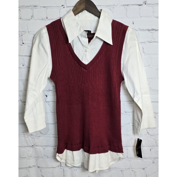 Vintage Sweater Shirt Vest Burgundy V Neck Preppy Classic Y2K Women's Size Med - Picture 1 of 5